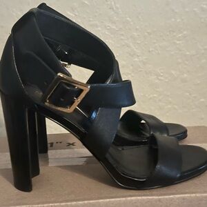 Michael Kors Black Strappy High Heel Sandals with Gold Buckle